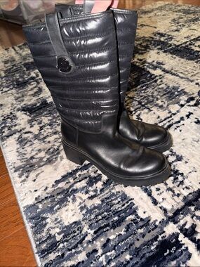 Moncler Black Quilted Mid-Calf Lug Heel Boots